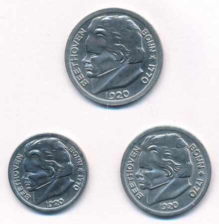 Németország / Weimari Köztársaság / Bonn 1920. 10pf Fe + 25pf Fe + 50pf Fe 'Beethoven' T:1-,2 Germany / Weimar Republic / Bonn 1920. 10 Pfennig Fe + 25 Pfennig Fe + 50 Pfennig Fe 'Beethoven' C:AU,XF
