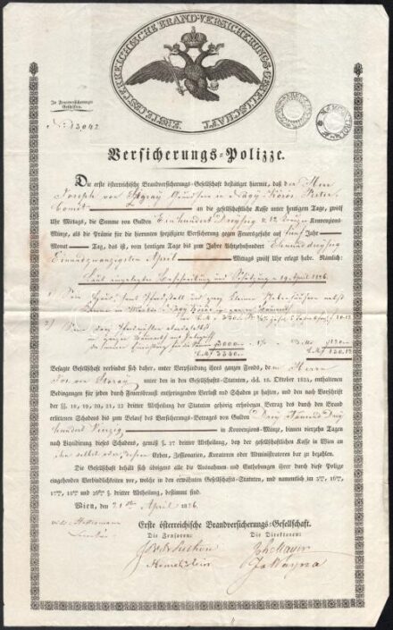 1826 Tűzbiztosíási kötvény Gróf alsó- és felsősurányi Sigray József (1768-1830) nagybirtokos főnemes, császári és királyi kamarás, helytartósági tanácsos, Vas vármegye alispánja, Somogy vármegye főispánja részére.