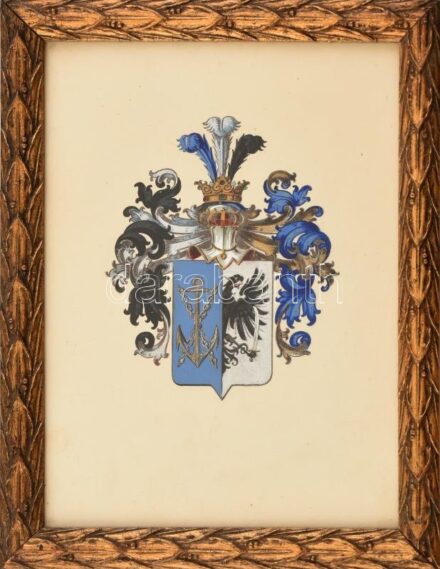 cca 1920-30 kismartoni Anker nemesi család címere. Tempera, papír, jelzés nélkül. Hátoldalán német és magyar nyelvű feliratokkal. A család nemességét Anker Lipót ezredes (1863-1941), az egykori császári és királyi 16. Zita