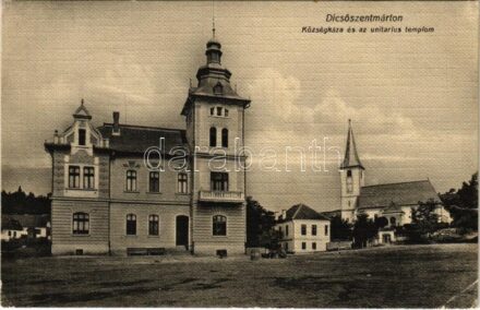 1910 Dicsőszentmárton, Tarnaveni, Diciosanmartin; Községháza és az Unitárius templom. Dostál Kálmán kiadása / town hall, Unitarian church (szakadás / tear)