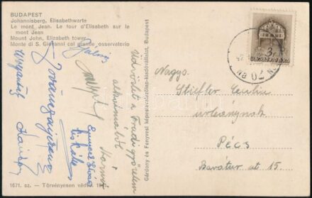 1942 Ferencvárosi focisták aláírása képeslapon egy Fradi győzelem alkalmából