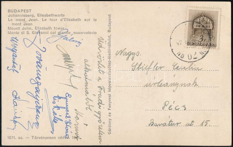 1942 Ferencvárosi focisták aláírása képeslapon egy Fradi győzelem alkalmából
