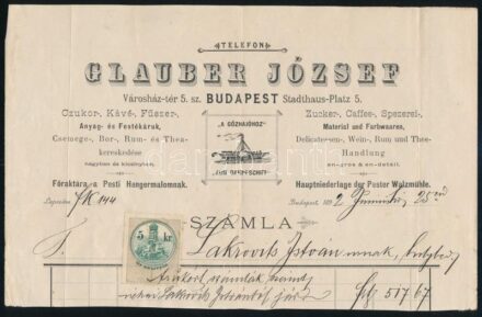 1892 Bp. Városház tér, Glauber József Cukor-, Kávé stb. kereskedésének fejléces számlája 5 kr okmánybélyeggel