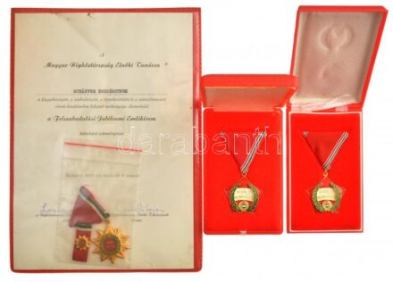 1970. 'Felszabadulási Jubileumi Emlékérem' aranyozott, zománcozott Br kitüntetés mellszalagon, miniatűrrel, szalagsávval, adományozási okirattal + ~1980. 'Kiváló Munkáért' (2x) kitüntetések mellszalagon, eredeti tokokban T:1-,2 az