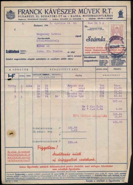 1943 Bp., Franck Kávészer Művek Rt. fejléces számlája