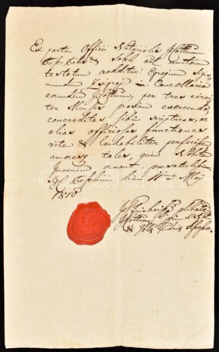1810 Joggyakornoki oklevél Sigray Zsigmond részére Pest vármegye viaszpecsétjével