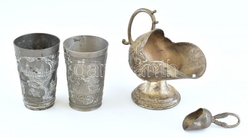 3db ón tárgy, cukortartó és pohár, jelzett, kopott, m:9-12cm