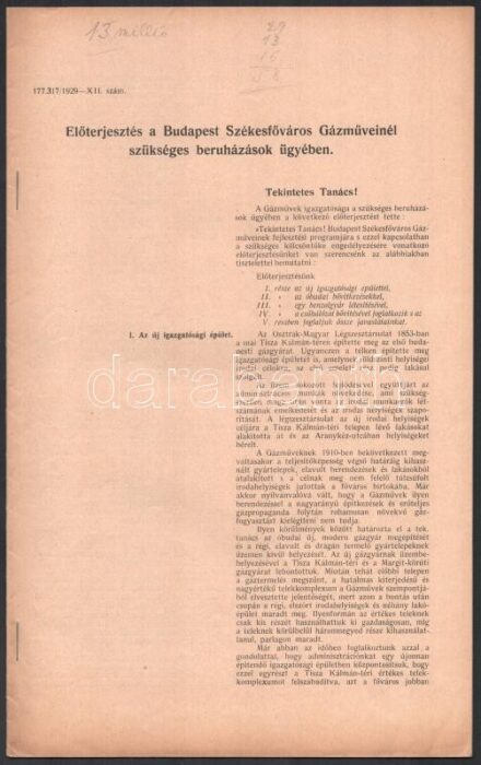 1929 Előterjesztés a Budapest Székesfőváros Gázműveinél szükséges beruházások ügyében 32p.