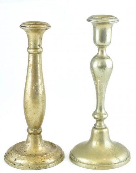 2db alpakka gyertyatartó, kopott, jelzés nélkül, m:26-27cm