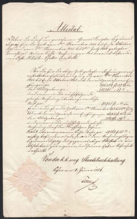 1856 Sigray Zsigmond (1787-1836) pest megyei főpénztárnoknak halála után megadott felmentvény az 1836-os évre a cs. kir. számvevőségtől. Papírfelzetes viaszpecséttel