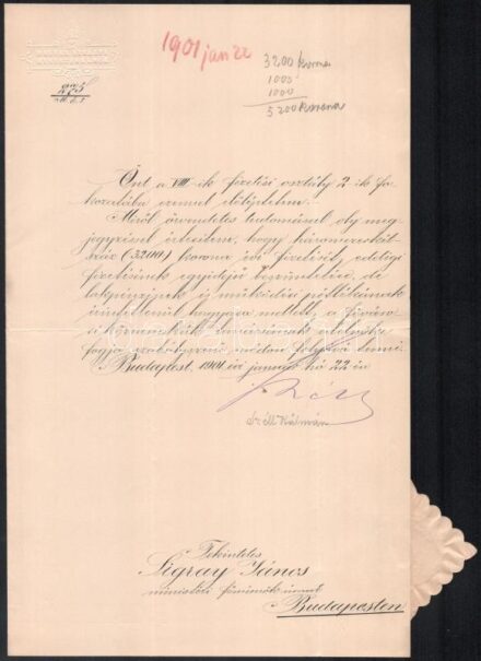 Széll Kálmán (1843.-1915) miniszterelnök aláírása előléptetési okmányon, Sigray János főmérnöknek