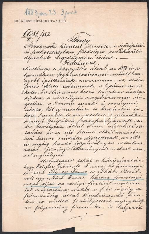 1883 Kammermayer Károly (1829-1897) budapesti polgármester rendelkezése Sigray János fővárosi mérnök részére