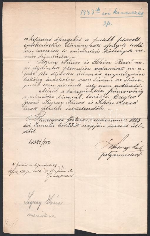 1883 Kammermayer Károly (1829-1897) budapesti polgármester rendelkezése Sigray János fővárosi mérnök részére - Image 2