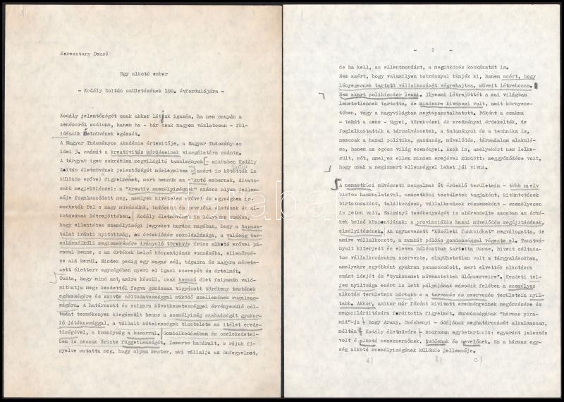 1982 Keresztury Dezső (1904-1996) Széchenyi-díjas író, költő, irodalomtörténész Kodály-emlékünnepségre írt előadásának gépirata, kísérőlevéllel, Dr. Margócsy József (1919-2013), a Bessenyei György Tanárképző Főiskola