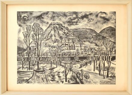 Bordás Ferenc (1911-1982): Nagymaros, 1972. Linómetszet, papír, jelzett a metszeten. Üvegezett, kissé sérült fa keretben, 33×44 cm