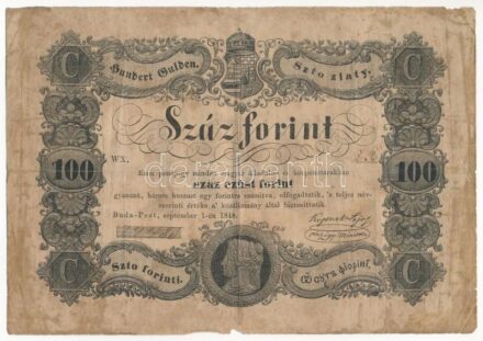 1848. 100Ft 'Kossuth bankó' '74485' sorszámmal T:III-,IV hátlapon ragasztónyom kék elszíneződéssel Hungary 1848. 100Ft 'Kossuth banknote' with '74485' serial number C:VG,Pr gluemark with blue discoloration on the backside Adamo G114