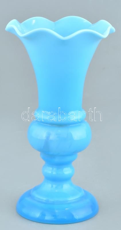 Antik szakított üveg váza, kék, kopott, m:16,5cm