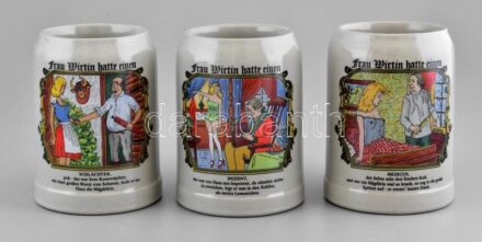 3db erotikus jelenetes német söröskorsó, kőedény, jelzett, hibátlan, m:13cm