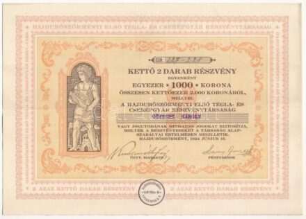Hajduböszörmény 1924. 'Hajduböszörményi Első Tégla- és Cserépgyár Részvénytársaság' 2db részvénye egyben, összesen 2000K-ról szelvényekkel T:II-