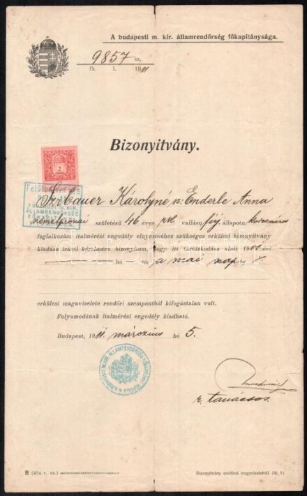 1911 Bp., erkölcsi bizonyítvány italmérési engedélyhez