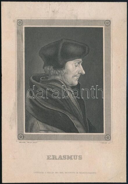 Rotterdami Erasmus (1466-1536) portréja, metszet után készült nyomat, karton, 12x9 cm