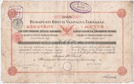 Budapest 1898. 'Budapesti Közúti Vaspálya Társaság' részvénye 200K értékben szárazpecséttel, bélyegzésekkel T:II