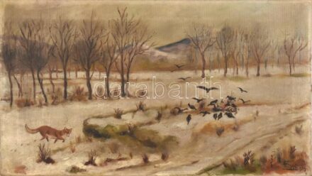 Olvashatatlan jelzéssel: Róka a hóban, 1909. Olaj, vászon. 40×70,5 cm