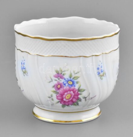 Hollóházi Virág mintás kaspó. Kézzel festett, jelzett, hibátlan. d:13,5 cm, m: 11,5 cm