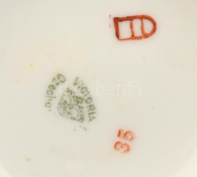 Victoria szervíz készlet, matricás porcelán, jelzett, kopott, tálca mérete:22x16cm (Tejszín kiöntő, cukortartó, mokkás kiöntő, tálca) - Image 3