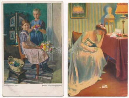 10 db RÉGI motívum képeslap: szoba belsők / 10 pre-1945 motive postcards: room interiors