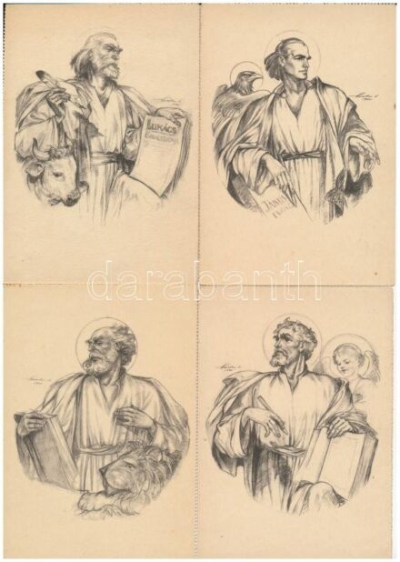 4 db RÉGI vallási motívum képeslap: Márton L. evangelisták / 4 pre-1945 religious motive postcards: evangelists