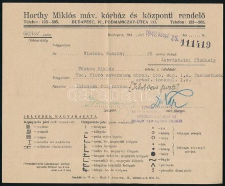 1942 Bp., Horthy Miklós máv. kórház és központi rendelő lelete egy pozitív tüdőbetegről