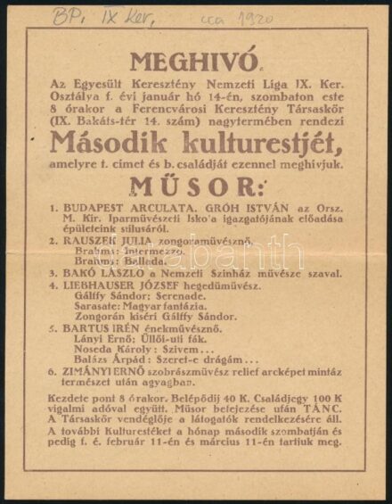 cca 1920 Meghívó az Egyesült Keresztény Nemzeti Liga IX. ker. Osztálya második kultúrestjére