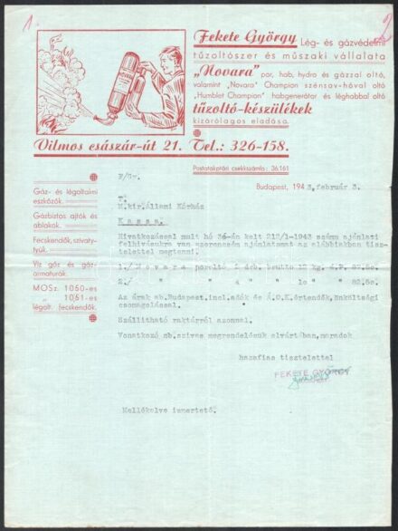 1943 Fekete György Lég- és gázvédelem, tűzoltószer és műszaki vállalata fejléces számla