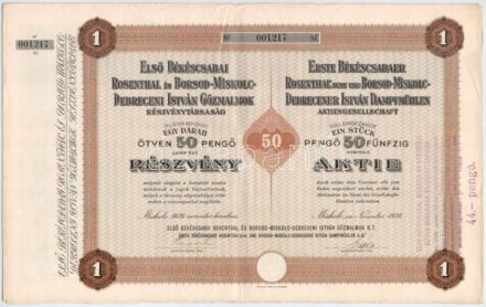 Miskolc 1936. 'Első Békéscsabai Rosenthal és Borsod-Miskolc-Debreceni István Gőzmalmok Részvénytársaság' részvénye 50P-ről, német és magyar nyelven, szelvényekkel, bélyegzéssel T:II-