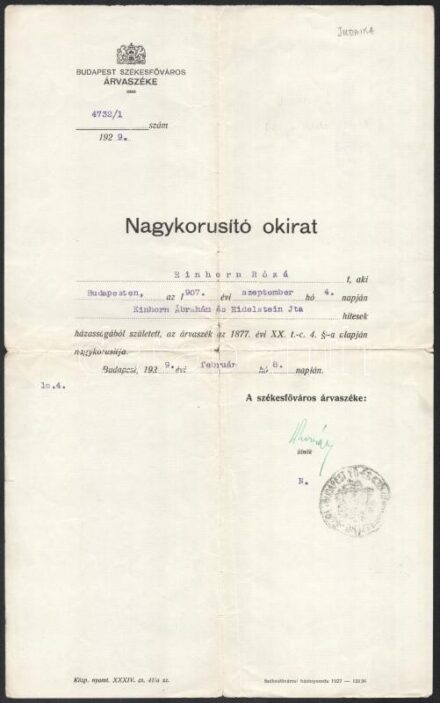 1929 Bp., Budapest Székesfőváros Árvaszéke által kiállított nagykorúsító okirat