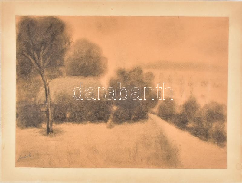 Olvashatatlan jelzéssel: Dombos táj. Szén, papír, kartonra kasírozva. 24,5x34,5 cm