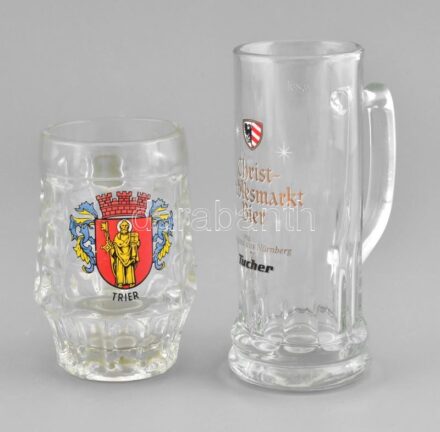 2 db német söröskorsó, formába öntött üveg, 0,2 l, m: 12 cm, 16 cm