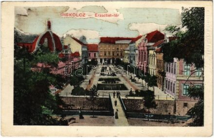 1913 Miskolc, Erzsébet tér + 'KIRÁLYHÁZA-MISKOLC-BUDAPEST 34' vasúti mozgóposta