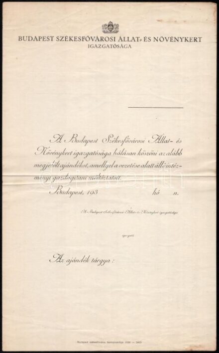 cca 1930-1940 Bp., Állat- és Növénykert kitöltetlen köszönőlevele azoknak, akik ajándékot adtak a kertnek