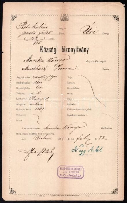 1885 Úri, vasesztergályos részére kiállított községi bizonyítvány