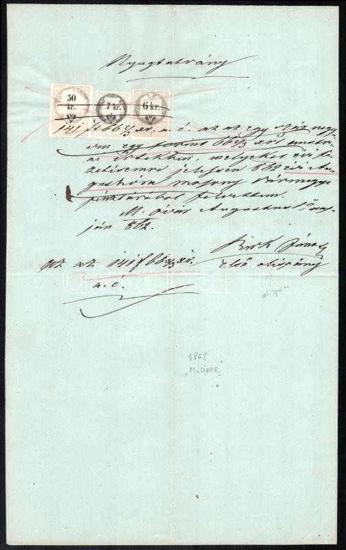 1862 Mosonmagyaróvár, nyugta 50+7+6 kr okmánybélyeggel
