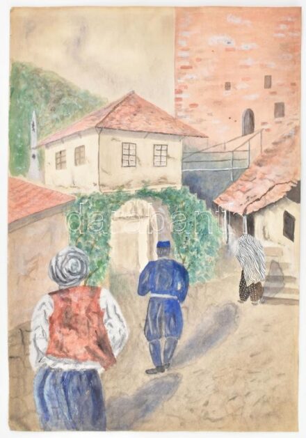 Jelzés nélkül: Mediterrán város. Akvarell, papír. Lap széle kissé sérült. 42x29 cm