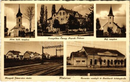 Kistarcsa, mai katolikus és református templom, Hunyadi János utca, vasúti sín, Evangélikus Özvegy Papnék otthona, Baracsics vendéglő és Steckhardt dohányáruda, üzlet. Schlachta Imre kiadása (EK)