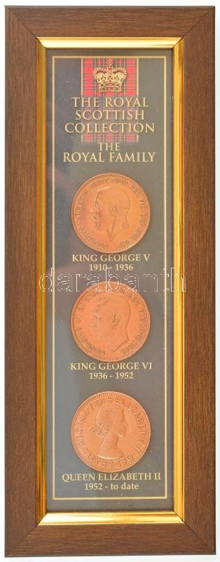 Nagy-Britannia ~1953-1970 'A királyi család, skót kollekció: V. György, VI. György, II. Erzsébet' decimális előtti Br érmék (3xklf) fa keretben T:1-,2 Great Britain ~1953-1970 'The Royal Family, Scottish Collection: King George V, King
