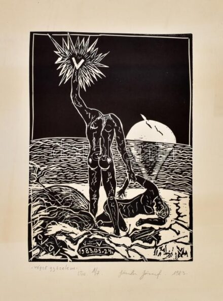 Jámbor József (?- ): 'Végső győzelem', 1983. Linómetszet, papír. Jelzett, számozott (1/7). Feltekerve, 36x25,5 cm