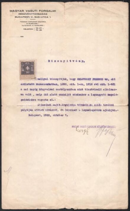 1922 Bp., Magyar Vasúti Forgalmi Részvénytársaság által kiállított bizonyítvány okmánybélyeggel