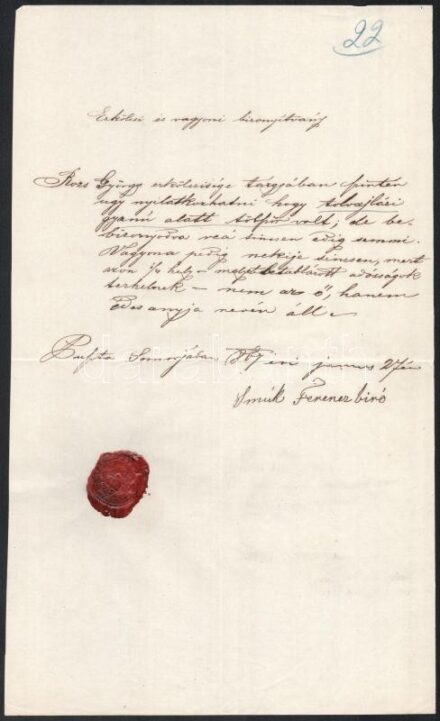 1864 Somorja, erkölcsi bizonyítvány, mely megkérdőjelezi a benne említett személy erkölcseit, viaszpecséttel