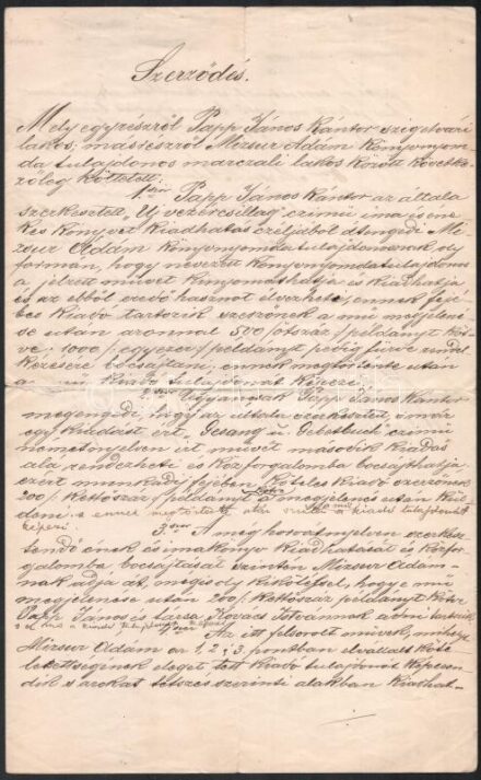 1905 Marcali, Szerződéskötés Papp János kántor ima- és énekeskönyvének kiadásáról Mizser Ádám könyvnyomdájában