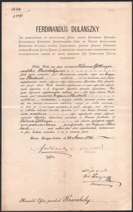 1891 Pincehely, Oklevél Dulánszky Nándor (Ferdinánd) Alajos (1877-1896) pécsi püspök aláírásával és pecsétjével